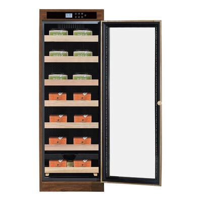 قیمت خوب کابینت رطوبت‌گیر سیگار برقی چوبی مستقل با درب شیشه‌ای قفل‌شونده و سیستم رطوبت‌ساز داخلی آنلاین