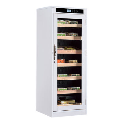 قیمت خوب مرطوب کننده خنک کننده سیگار سفید مدرن با رطوبت قابل تنظیم 65-75% RH، کنترل صفحه لمسی و درب شیشه ای سکوریت قفل شونده آنلاین